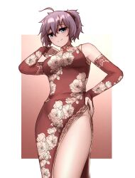 Rule 34 | 1girl, absurdres, alternate costume, aoba (kancolle), blue eyes, bridal gauntlets, china dress, chinese clothes, cowboy shot, detached sleeves, dress, floral print, hair ornament, hair scrunchie, highres, ikadamo, kantai collection, messy hair, ponytail, purple hair, red dress, red scrunchie, scrunchie, side slit, skin tight, solo, standing