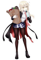 Rule 34 | 1girl, absurdres, artoria pendragon (all), artoria pendragon (fate), bag, black footwear, black jacket, blonde hair, blue shorts, breasts, brown pantyhose, collared shirt, cup, dress shirt, fate/grand order, fate/stay night, fate (series), full body, grocery bag, highres, jacket, long hair, long sleeves, looking at viewer, medium breasts, necktie, official alternate costume, open clothes, open jacket, pantyhose, ponytail, saber alter, saber alter (traveling outfit), saber alter (traveling outfit) (fate), shidou (x 2903), shirt, shopping bag, shorts, sidelocks, white shirt, yellow eyes