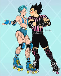 Rule 34 | 1boy, 1girl, amartbee, anger vein, arguing, bikini, bikini top only, blue eyes, blue hair, blue shorts, blush, breasts, bruise, bruise on face, bulma, capsule corp, cleavage, clenched teeth, couple, covered erect nipples, diamond (shape), dragon ball, dragon ball super, dragonball z, earrings, elbow pads, fingerless gloves, fishnets, flying sweatdrops, gloves, hand on another&#039;s back, hetero, highres, husband and wife, injury, jewelry, knee pads, large breasts, midriff, open mouth, pointy hair, referee, roller derby, roller skates, scratches, short shorts, shorts, simple background, skates, striped clothes, stud earrings, swimsuit, teeth, vegeta