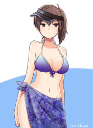 Rule 34 | 10s, 1girl, anchor symbol, arms at sides, artist name, bare shoulders, bikini, blue bikini, breasts, brown eyes, brown hair, cleavage, collarbone, contrapposto, floral print, front-tie bikini top, front-tie top, frown, hair between eyes, ica, kaga (kancolle), kantai collection, large breasts, navel, sarong, side ponytail, solo, standing, stomach, swimsuit, visor cap