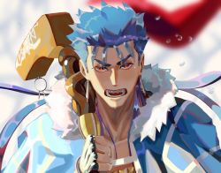 Rule 34 | 1boy, angry, blue hair, blush, capelet, cu chulainn (caster) (fate), cu chulainn (fate), earrings, fangs, fate/grand order, fate (series), floating hair, fur-trimmed hood, fur trim, holding, holding staff, hood, hood down, hooded capelet, jewelry, lacu lain, long hair, looking at viewer, male focus, open mouth, red eyes, slit pupils, solo, spiked hair, staff, wooden staff