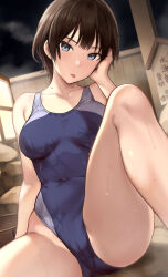 Rule 34 | 1girl, black hair, blue eyes, blue one-piece swimsuit, breasts, commentary request, competition swimsuit, feet out of frame, hand on own face, knee up, looking at viewer, medium breasts, mole, mole on neck, night, one-piece swimsuit, onsen, original, serizawa (serizawaroom), short hair, sitting, solo, spread legs, steam, swimsuit, tongue, tongue out, two-tone swimsuit, wet, wet clothes, wet swimsuit