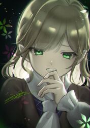 Rule 34 | 1girl, absurdres, arm warmers, black background, blonde hair, braid, brown shirt, clenched teeth, commentary request, fingernails, french braid, green eyes, hair intakes, highres, looking at viewer, medium bangs, medium hair, mizuhashi parsee, pointy ears, rokuya (68 zusao), scarf, shirt, signature, solo, teeth, touhou, upper body, white scarf