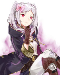 Rule 34 | belt, boots, breasts, brown footwear, brown gloves, cleavage, cloak, crossed legs, fire, fire emblem, fire emblem awakening, fire emblem heroes, gloves, grima (fire emblem), hair ribbon, hand on own chin, hood, hooded cloak, leather, leather gloves, long hair, menoko, nintendo, pants, purple fire, red eyes, ribbon, robe, robin (female) (fire emblem), robin (fire emblem), shirt, silver hair, small breasts, solo, twintails