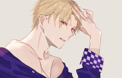 Rule 34 | 1boy, blonde hair, commentary request, fate/grand order, fate (series), gilgamesh (fate), hand in own hair, highres, long sleeves, looking at viewer, male focus, open mouth, red eyes, short hair, shu (oshigoto boshuuchuu), sideways glance, simple background, solo, teeth, upper teeth only