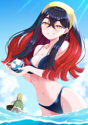 Rule 34 | 1girl, 1other, absurdres, alternate costume, bikini, black bikini, black hair, blue sky, blush, breasts, carmine (pokemon), cleavage, collarbone, commentary request, creatures (company), crossed bangs, curvy, day, dive ball, game freak, grin, hair between eyes, hairband, highres, holding, holding poke ball, looking at viewer, medium breasts, mole, mole under eye, multicolored hair, navel, nintendo, outdoors, poke ball, pokemon, pokemon (creature), pokemon sv, red hair, shiny skin, sinistcha, sky, smile, ssaaggwwaa, swimsuit, teeth, thong, thong bikini, two-tone hair, wading, water, wide hips, yellow eyes, yellow hairband