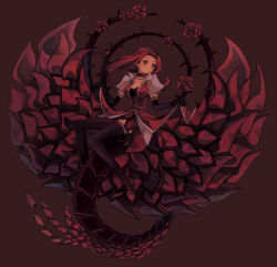 Rule 34 | 1girl, black leggings, black rose dragon, breasts, choker, cleavage, clothes lift, corset, dragon, dress, dress lift, duel monster, flower, gloves, hair ornament, high heels, izayoi aki, jewelry, leggings, long hair, necklace, petals, plant, puffy short sleeves, puffy sleeves, red background, red flower, red hair, red rose, red theme, rose, shiku, short sleeves, simple background, sitting, thighhighs, thorns, vines, wings, yu-gi-oh!, yu-gi-oh! 5d&#039;s