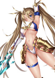 Rule 34 | 1girl, absurdres, arm behind back, arm up, armor, armpits, bare shoulders, bikini armor, blonde hair, blue eyes, blush, bradamante (fate), bradamante (third ascension) (fate), braid, breasts, clenched teeth, curvy, elbow gloves, fate/grand order, fate (series), female focus, french braid, from below, gloves, gluteal fold, groin, hair between eyes, highres, kai (pixiv12466647), large breasts, long bangs, long hair, looking at viewer, navel, one eye closed, panties, parted bangs, polearm, shiny skin, smile, solo, spear, standing, teeth, thick thighs, thigh strap, thighs, thong, twintails, underboob, underwear, very long hair, weapon, white background, white gloves, wing ornament