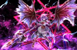Rule 34 | bat wings, embodiment of scarlet devil, finger to mouth, floating, flying, hat, highres, holding, holding weapon, kushidama minaka, pointy ears, remilia scarlet, smile, solo, touhou, weapon, wings