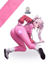 Rule 34 | 1girl, absurdres, alice (nikke), animal ear headphones, animal ears, ass, back, bent over, blush, bodysuit, breasts, cropped jacket, enoch (enoch1368), fake animal ears, from behind, gloves, goddess of victory: nikke, grey hair, headphones, highres, impossible bodysuit, impossible clothes, jacket, latex, latex bodysuit, long hair, looking at viewer, looking back, medium breasts, multicolored clothes, multicolored gloves, open mouth, pink bodysuit, pink eyes, pink gloves, pink headphones, red jacket, shoes, shrug (clothing), sidelocks, skin tight, sneakers, solo, twintails, two-tone gloves, white footwear, white gloves