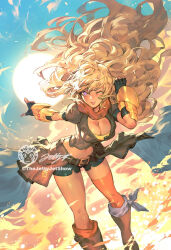 Rule 34 | 1girl, backlighting, belt, belt buckle, big hair, black gloves, black shorts, blonde hair, boots, breasts, brown footwear, buckle, cleavage, commentary, commission, english commentary, fingerless gloves, floating hair, gloves, highres, jet kimchrea, knee boots, large breasts, long hair, midriff, navel, one eye closed, orange thighhighs, purple eyes, rwby, shorts, showgirl skirt, single thighhigh, solo, sun, teeth, thighhighs, upper teeth only, vambraces, very long hair, watermark, wind, wind lift, yang xiao long