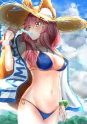 Rule 34 | 1girl, absurdres, animal ear fluff, animal ears, bare arms, bare shoulders, bikini, blue bikini, blue sky, blush, bracelet, breasts, brown eyes, brown hat, cleavage, cloud, cloudy sky, collarbone, cowboy shot, day, ears through headwear, fate/grand order, fate (series), food, fox ears, fox girl, fox tail, groin, hat, highres, holding, holding food, jewelry, large breasts, long hair, looking away, navel, pink hair, popsicle, shawl, side-tie bikini bottom, sky, solo, standing, star (symbol), stomach, straw hat, sunlight, swimsuit, tail, tail raised, tamamo (fate), tamamo no mae (fate/extra), tamamo no mae (swimsuit lancer) (fate), tamamo no mae (swimsuit lancer) (second ascension) (fate), tamamo no mae (swimsuit lancer) (third ascension) (fate), thighs, toratora (nanahaba)