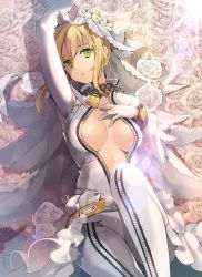 Rule 34 | 10s, 1girl, ahoge, arm up, belt, belt skirt, blonde hair, bodysuit, breasts, breasts apart, buckle, center opening, chain, cleavage, expressionless, fate/extra, fate/extra ccc, fate (series), flower, from above, gloves, green eyes, hand on own chest, head tilt, highres, ice (ice aptx), knee up, lens flare, lock, looking at viewer, lying, nero claudius (bride) (fate), nero claudius (fate), nero claudius (fate), no bra, on back, padlock, rose, short hair with long locks, showgirl skirt, sidelocks, skirt, solo, unzipped, veil, white gloves, white rose, zipper