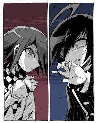 Rule 34 | 2boys, ahoge, arm belt, blood, blood on hands, blue background, border, buttons, checkered clothes, checkered scarf, clenched teeth, collared shirt, commentary request, danganronpa (series), danganronpa v3: killing harmony, eyelashes, fingernails, greyscale with colored background, hair over one eye, high collar, jacket, layered sleeves, long sleeves, mako gai, male focus, multiple boys, oma kokichi, outstretched hand, palms, parted lips, pinstripe jacket, pinstripe pattern, red background, saihara shuichi, scarf, shirt, short hair, simple background, sleeves past wrists, tearing up, teeth, two-tone background, upper body, v-shaped eyebrows, vertical-striped sleeves, white border