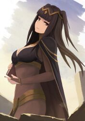 Rule 34 | 1girl, black cape, black hair, black nails, blunt bangs, book, breasts, bridal gauntlets, brown cape, cape, cleavage, closed mouth, fingernails, fire emblem, fire emblem awakening, highres, holding, holding book, labebebe lee, long hair, medium breasts, nail polish, nintendo, pink eyes, solo, tharja (fire emblem), two-sided fabric, two-tone cape, two side up
