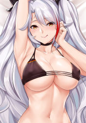 Rule 34 | 1girl, azur lane, bed, bed sheet, bikini, bikini top only, black bikini, blush, breasts, cleavage, closed mouth, collarbone, cowboy shot, dakimakura (medium), flag print, german flag bikini, large breasts, long hair, looking at viewer, midriff, mole, mole on breast, multicolored hair, navel, prinz eugen (azur lane), prinz eugen (unfading smile) (azur lane), red eyes, red hair, silver hair, solo, stomach, swimsuit, tongue, tongue out, tony guisado, twintails, two-tone hair, two side up, very long hair