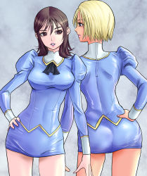 Rule 34 | 2girls, agent aika, aika (series), ascot, ass, blonde hair, blue delmo, blue eyes, blue footwear, blue jacket, blue skirt, breasts, brown eyes, brown hair, closed mouth, commentary request, delmo, delmogeny uniform, extra, full body, hand on own hip, high heels, highres, jacket, juliet sleeves, legs, lipstick, long sleeves, makeup, medium breasts, multiple girls, parted lips, pencil skirt, pink lips, puffy sleeves, shadow, shimaguni yamato, simple background, skirt, standing, taut clothes, uniform, valerie (agent aika), waitress delmo