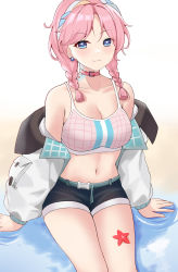 Rule 34 | 1girl, absurdres, arknights, bare shoulders, blue eyes, blue poison (arknights), blue poison (shoal beat) (arknights), blue shorts, braid, breasts, camisole, choker, cleavage, collarbone, commentary, crop top, earrings, hairband, highres, jacket, jewelry, long hair, long sleeves, medium breasts, midriff, navel, off shoulder, official alternate costume, open clothes, open jacket, pink choker, pink hair, short shorts, shorts, sitting, solo, spaghetti strap, sports bra, starfish, stomach, takeawatch, thighs, twin braids, white jacket