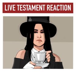 Rule 34 | 1other, androgynous, ascot, asymmetrical gloves, bare shoulders, black hair, black hat, brown eyes, cup, fingerless gloves, frown, gloves, guilty gear, guilty gear strive, hat, highres, holding, holding cup, holding saucer, live tucker reaction (meme), long hair, looking at viewer, meme, other focus, saucer, testament (guilty gear), top hat, white ascot, xenosweater