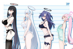 Rule 34 | 4girls, arm under breasts, ass, black bra, black garter belt, black hair, black panties, black thighhighs, blue archive, blue eyes, bra, breast envy, breasts, bust chart, camisole, closed eyes, copyright name, from side, garter belt, halo, height chart, highres, koyuki (blue archive), large breasts, lingerie, medium breasts, multiple girls, noa (blue archive), open mouth, panties, parted lips, pink hair, purple hair, red eyes, rio (blue archive), seminar (blue archive), small breasts, thighhighs, underwear, underwear only, white camisole, white hair, yoru0409, yuuka (blue archive)