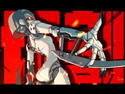 Rule 34 | 1girl, arm blade, ass, breasts, cyberpunk, cyborg, highres, joints, koutetu yarou, letterboxed, looking at viewer, mechanical spine, original, red eyes, robot joints, science fiction, short hair, small breasts, solo, weapon