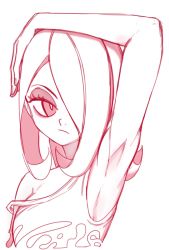 Rule 34 | 1girl, armpits, boogy (mnmnjuguna), female focus, hair over one eye, highres, little witch academia, looking at viewer, simple background, sketch, solo, sucy manbavaran, upper body, white background
