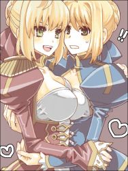 Rule 34 | 10s, 2girls, ahoge, artoria pendragon (all), artoria pendragon (fate), blonde hair, breasts, cleavage, dress, fate/extra, fate/stay night, fate (series), green eyes, hair ribbon, juliet sleeves, large breasts, long sleeves, multiple girls, nero claudius (fate), nero claudius (fate), nero claudius (fate/extra), puffy sleeves, ribbon, saber (fate), tegaki, toggles, warai