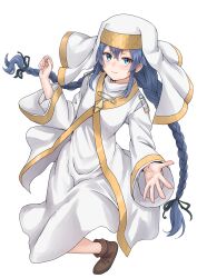 Rule 34 | 1girl, blue eyes, blue hair, braid, closed mouth, commentary request, cosplay, dress, full body, habit, hair between eyes, highres, index (toaru majutsu no index), index (toaru majutsu no index) (cosplay), long hair, looking at viewer, mushoku tensei, nun, outstretched hand, roxy migurdia, safety pin, smile, solo, syagare, twin braids, white background, white dress
