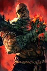 Rule 34 | 1boy, abs, bald, capcom, cleft chin, eyepatch, fire, glowing, hand up, hand wraps, hungry clicker, male focus, manly, muscular, no pupils, robe, rope, rope belt, sagat, scar, simple background, solo, street fighter, street fighter v, topless male