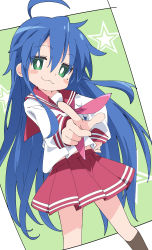 Rule 34 | 1girl, :3, ahoge, blouse, blue hair, blush stickers, border, bright pupils, brown socks, closed mouth, double horizontal stripe, dutch angle, feet out of frame, flipped hair, green background, green eyes, hair between eyes, hand on own hip, ixy, izumi konata, long hair, long sleeves, looking at viewer, lucky star, midriff peek, miniskirt, mole, mole under eye, neckerchief, outside border, pleated skirt, pointing, pointing at viewer, red neckerchief, red sailor collar, red skirt, ryouou school uniform, sailor collar, school uniform, serafuku, shirt, sidelocks, simple background, skirt, socks, solo, star (symbol), straight hair, very long hair, white border, white pupils, white shirt
