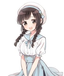 Rule 34 | 1girl, :d, black eyes, black hair, blue bow, blue sailor collar, blue skirt, blunt ends, bow, braid, breasts, collared shirt, commentary, dot nose, hair over shoulder, hanabasami kyou, hat, hat bow, high-waist skirt, highres, light blue ribbon, light blush, long hair, looking at viewer, medium breasts, open mouth, pleated skirt, rakotaro, re:act, ribbon, sailor collar, shirt, short sleeves, simple background, skirt, smile, solo, twin braids, virtual youtuber, white background, white hat, white ribbon, white shirt