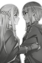 Rule 34 | 2girls, asuna (sao), braid, bunbun, cape, crown braid, dark-skinned female, dark skin, earrings, eye contact, fingerless gloves, from side, gloves, greyscale, highres, jewelry, kizmel, long hair, looking at another, monochrome, multiple girls, novel illustration, official art, parted lips, pointy ears, sidelocks, simple background, standing, sword art online, very long hair, white background