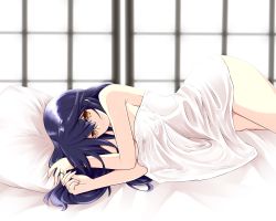 Rule 34 | 1girl, aftersex, bare shoulders, bed sheet, black hair, brown eyes, hair between eyes, hair ornament, hairclip, haruna (kancolle), highres, jewelry, kantai collection, long hair, looking at viewer, lying, naked sheet, on side, ring, smile, solo, utsumi karmin, wedding band