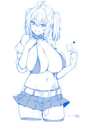 Rule 34 | 1girl, absurdres, belt collar, bikini, bikini top only, blue theme, borrowed character, breasts, collar, condom, fang, hair ornament, heart, heart hair ornament, highres, huge breasts, long hair, looking at viewer, midriff, monochrome, navel, original, saaya (kirome), sex toy, simple background, skindentation, smile, solo, swimsuit, thighhighs, trembling, twintails, vibrator, vibrator under clothes, virtual youtuber, white background, whoosaku