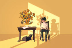 Rule 34 | 1boy, black cat, cat, chair, child, flower, highres, indoors, male focus, original, scenery, shadow, sitting, sunflower, sunset, table, taizo (taizo 03)