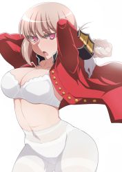 Rule 34 | 1girl, arms up, bra, braid, breasts, buttons, cleavage, crotch seam, fate/grand order, fate (series), florence nightingale (fate), gloves, highres, kurosawa shouichi, long hair, looking at viewer, medium breasts, military, military uniform, open clothes, open mouth, panties, panties under pantyhose, pantyhose, pink hair, red eyes, simple background, solo, thighband pantyhose, underwear, uniform, white background, white bra, white gloves, white pantyhose