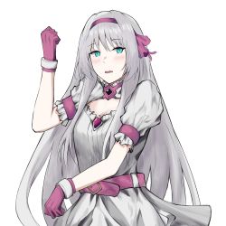 Rule 34 | 1girl, an-94 (girls&#039; frontline), blush, cocoro magical, defy (girls&#039; frontline), girls&#039; frontline, gloves, green eyes, hairband, highres, long hair, magical girl, open mouth, pink gloves, silver hair, simple background, solo, tagme, talnory, very long hair, white background