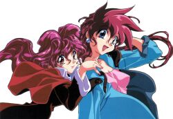 Rule 34 | 1990s (style), 2girls, arm up, bakuretsu hunters, blue eyes, breasts, chocolate misu, earrings, floating hair, gotou keiji, hand on another&#039;s shoulder, highres, jewelry, long hair, long sleeves, medium breasts, multiple girls, nail polish, non-web source, open mouth, photoshop (medium), pink hair, pink nails, red eyes, red hair, retro artstyle, scan, siblings, simple background, sisters, smile, tira misu, white background