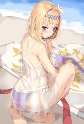 Rule 34 | 1girl, arm between breasts, ass, back, banner, barefoot, beach, between breasts, bikini, blonde hair, blue eyes, blue hairband, blush, breast hold, breasts, clenched teeth, day, flower, full body, granblue fantasy, hair between eyes, hair flower, hair ornament, hairband, highres, jeanne d&#039;arc (granblue fantasy), large breasts, long hair, looking at viewer, looking back, purple bikini, reinama, see-through, side-tie bikini bottom, solo, swimsuit, teeth, water, white flower