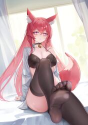Rule 34 | 1girl, absurdres, animal ears, bare shoulders, bed, bell, black bra, black thighhighs, blush, bra, breasts, cleavage, commission, curtains, feet, heart, heart-shaped pupils, highres, indoors, knee up, large breasts, long hair, looking at viewer, neck bell, off shoulder, original, parted lips, rable, red eyes, red hair, sitting, soles, solo, symbol-shaped pupils, tail, thighhighs, thighs, toes, underwear, window