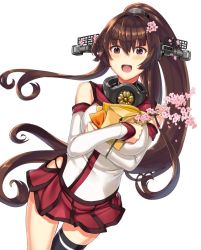 Rule 34 | 10s, 1girl, asymmetrical legwear, black legwear, breasts, brown eyes, brown hair, cherry blossoms, collar, crossed arms, detached sleeves, envelope, eyebrows, female focus, flower, hair between eyes, headgear, kantai collection, large breasts, long hair, looking at viewer, matching hair/eyes, open mouth, pleated skirt, ponytail, red skirt, simple background, skirt, sleeves past wrists, solo, teeth, tsukinami kousuke, uneven legwear, very long hair, white background, yamato (kancolle)