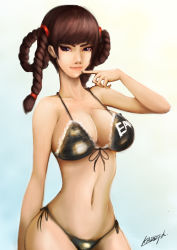 Rule 34 | 1girl, absurdres, bad id, bad pixiv id, bikini, black bikini, braid, breasts, brown eyes, brown hair, cleavage, dead or alive, finger to face, highres, kadej, large breasts, lei fang, long hair, navel, signature, solo, swimsuit, tecmo, twin braids