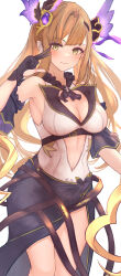 Rule 34 | 1girl, absurdres, asaikeu, ascot, belt, black ascot, black belt, black gloves, black sarong, black sleeves, blonde hair, blush, breasts, cleavage, cleavage cutout, closed mouth, clothing cutout, detached sleeves, fake wings, feet out of frame, frills, gem, gloves, granblue fantasy, green eyes, hair ornament, hair ribbon, hand up, highres, large breasts, leotard, light smile, looking at viewer, multicolored hair, orange hair, purple gemstone, purple ribbon, ribbon, sarong, sidelocks, simple background, solo, stomach cutout, tweyen (granblue fantasy), two-tone hair, underbust, w, white background, white leotard, wings