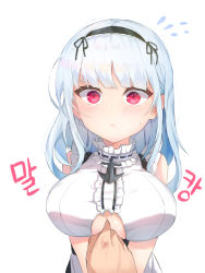 Rule 34 | 1girl, azur lane, blush, breasts, clothing cutout, commentary, dido (azur lane), flying sweatdrops, headdress, highres, large breasts, looking at viewer, red eyes, simple background, solo, underboob cutout, upper body, v arms, wang0424, white background, white hair