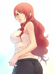 Rule 34 | 1girl, absurdres, ass, atlus, bare shoulders, breasts, brown eyes, highres, kirijou mitsuru, large breasts, long hair, looking back, pantylines, persona, persona 3, red hair, simple background, solo, tank top, tasaka shinnosuke, unbuttoned, white background