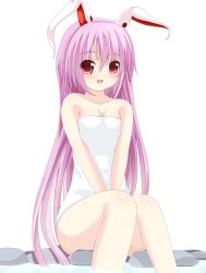 1girl animal_ears bad_id bad_pixiv_id blush breasts chimunge cleavage female_focus light_purple_hair long_hair naked_towel onsen open_mouth pink_eyes rabbit_ears reisen_udongein_inaba sitting smile solo touhou towel very_long_hair