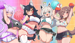 Rule 34 | !?, 4girls, ?, absurdres, ahoge, animal collar, animal ear fluff, animal ears, arm up, armpits, arms up, black choker, black collar, black hair, black shirt, black skirt, blue footwear, blush, bone hair ornament, boxing gloves, braid, breasts, brown hair, cartoon bone, cat ears, cat girl, cat tail, character name, cheering, cheerleader, choker, cleavage, closed mouth, clothes writing, collar, crop top, crop top overhang, cropped shirt, dog ears, dog girl, fox ears, fox girl, french braid, gradient background, hair ornament, hairclip, highres, holding, holding pom poms, hololive, hololive gamers, inugami korone, jumping, kani bonara, long hair, looking at another, looking at viewer, microskirt, midriff, multicolored hair, multiple girls, navel, nekomata okayu, no bra, nose blush, ookami mio, open mouth, orange eyes, panties, pantyshot, pleated skirt, pom pom (cheerleading), pom poms, purple hair, red collar, red footwear, red hair, shirakami fubuki, shirt, shoes, short hair, side braid, skindentation, skirt, smile, sneakers, sports bra, stomach, streaked hair, sweat, sweatdrop, tail, thick thighs, thighhighs, thighs, twin braids, underboob, underwear, virtual youtuber, white hair, white panties, white shirt, white skirt, white sports bra, white thighhighs, wolf ears, wolf girl