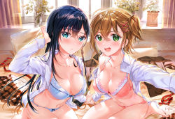 Rule 34 | 2girls, :d, ahoge, black hair, blue bra, blue eyes, blue panties, blush, bow, bow bra, bra, breasts, cleavage, closed mouth, collarbone, dress shirt, fingernails, green eyes, hair between eyes, hair ornament, hairclip, highres, holding hands, lace, lace-trimmed bra, lace trim, large breasts, long hair, looking at viewer, mochiko (mochiko3121), multiple girls, navel, no pants, non-web source, nude, open clothes, open mouth, open shirt, original, panties, shirt, smile, stomach, underwear, white shirt