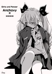 Rule 34 | 1girl, anchovy (girls und panzer), anzio school uniform, artist name, black ribbon, blush, character name, closed mouth, commentary, copyright name, dress shirt, drill hair, emblem, english text, girls und panzer, greyscale, half-closed eyes, highres, hone (honehone083), jacket, jacket on shoulders, long hair, long sleeves, military jacket, miniskirt, monochrome, necktie, niedersachsen military uniform, one-hour drawing challenge, pantyhose, pleated skirt, ribbon, school uniform, shirt, signature, sitting, skirt, smelling, smile, solo, twin drills, twintails
