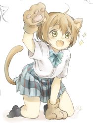Rule 34 | 1girl, :d, all fours, animal ears, animal hands, black legwear, blue bow, blue bowtie, bow, bowtie, brown hair, cat day, cat ears, cat tail, fang, gloves, green eyes, hair between eyes, hand up, haru hina, hoshizora rin, love live!, love live! school idol project, no shoes, open mouth, otonokizaka school uniform, paw gloves, school uniform, short hair, short sleeves, signature, skirt, smile, solo, sparkle, striped bow, striped bowtie, striped clothes, striped neckwear, tail